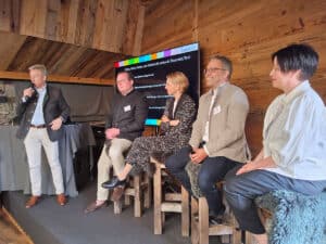 Podiumsdiskussion mit fünf Personen darunter Andreas Martin (AK Hotelimmobilien Leiter), Heinrich Dominici (Tenne Kitzbühel), Dr. Viktoria Veider-Walser (Kitzbühel Tourismus), Dr. Martin Domenig (Kohl & Partner), Denise Seeholzer (STR)